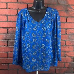 Dalia Womens Large Floral Metallic Print Blouse – Royal Blue, Dressy, Elegant